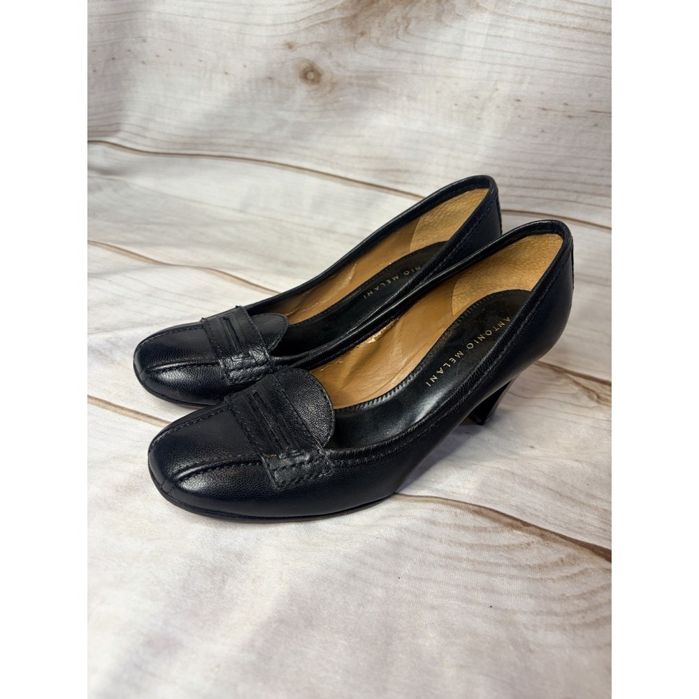 Antonio Melani Black Leather‎ Heels 6M Loafer Style Square Toe Career